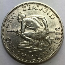 NEW ZEALAND 1958 . SHILLING . ERROR . BROKEN BACK TYPE